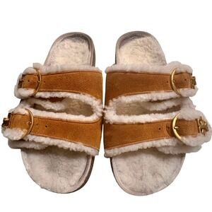 $289 TORY BURCH Anatomic Shearling Lined Slides Tan Suede Gold Buckle Sz W5.5‎